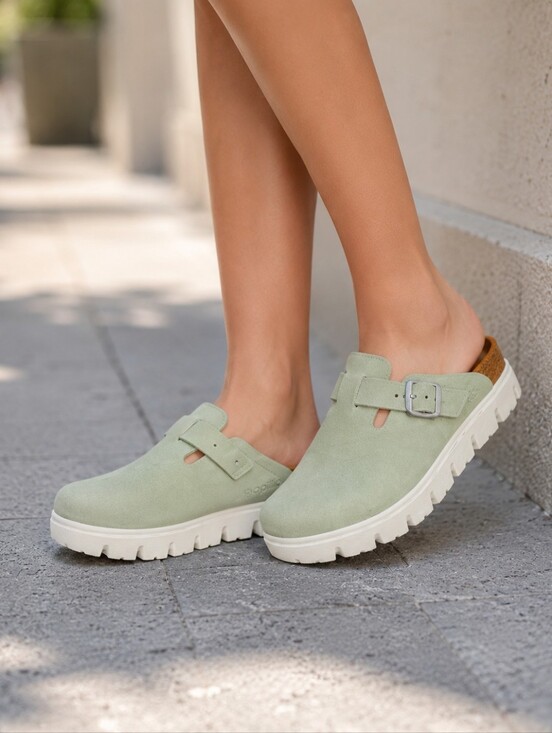 Birkenstock Shoes - Birkenstock Boston Chunky Suede Leather - Faded Lime